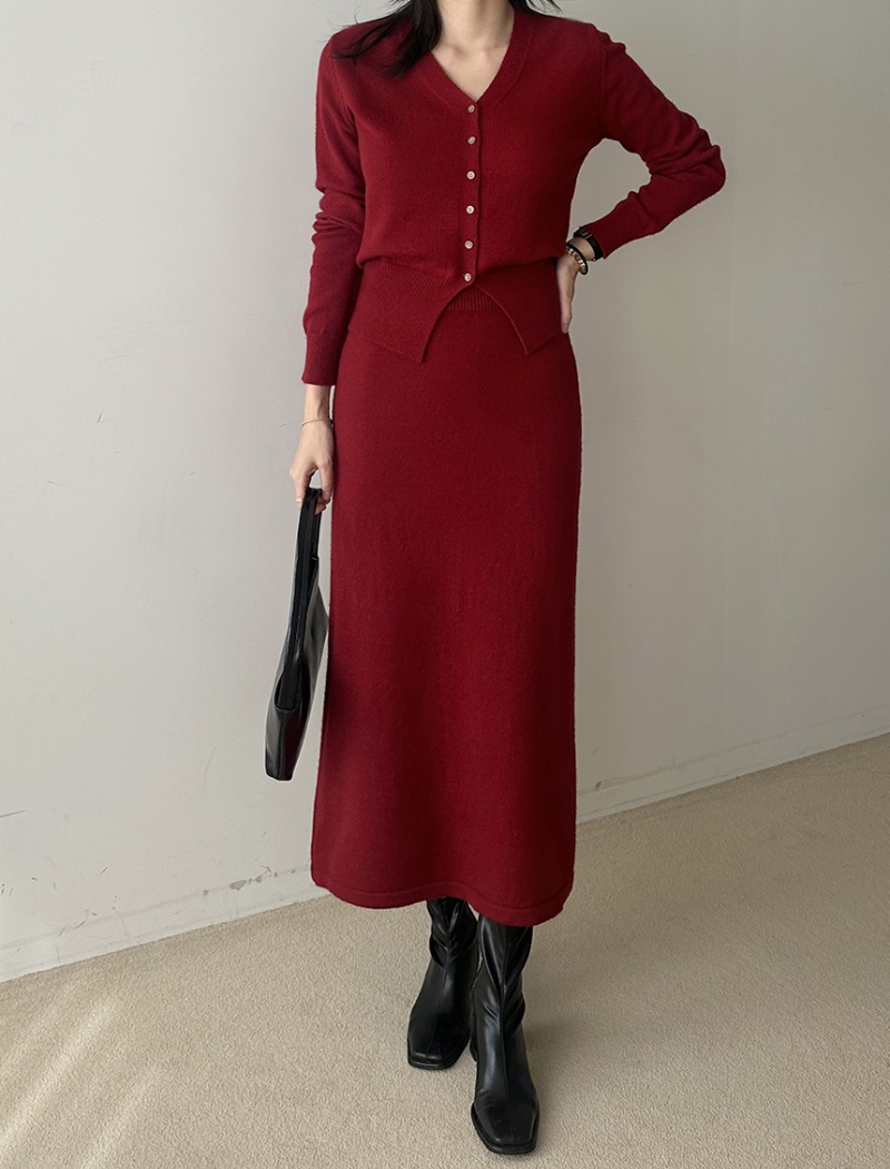 Fashion knitted skirt slim cardigan 2pcs set