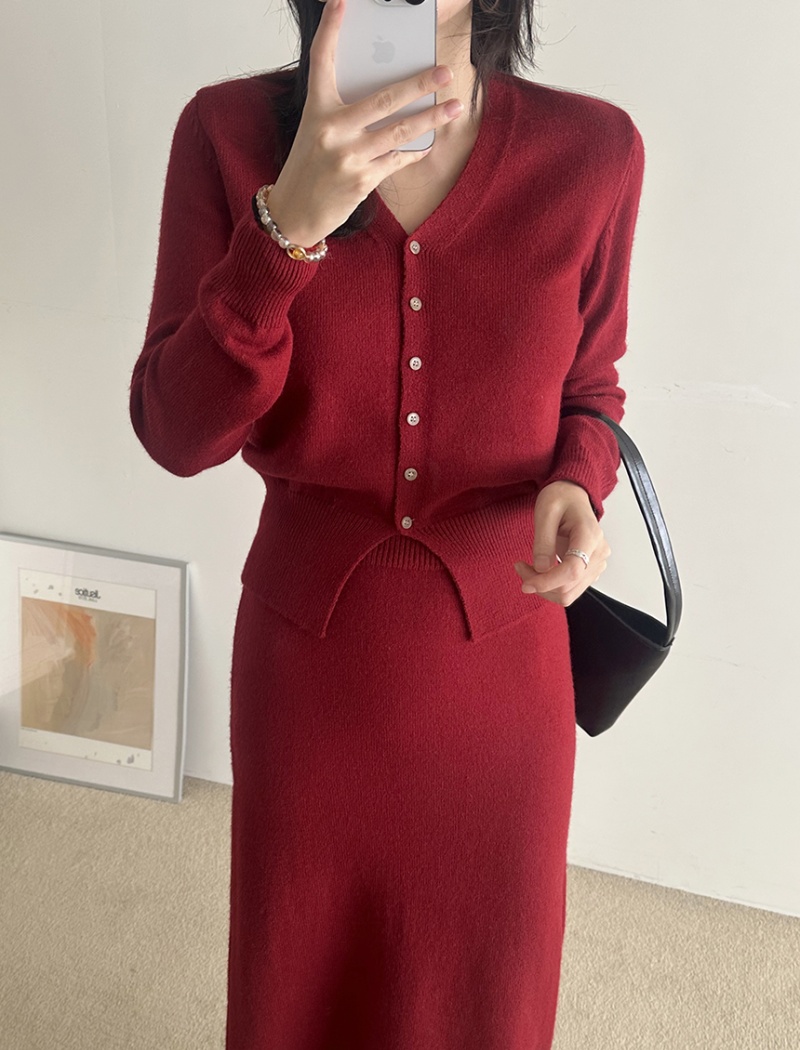 Fashion knitted skirt slim cardigan 2pcs set