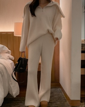 Lapel knitted sweater Casual wide leg pants 2pcs set