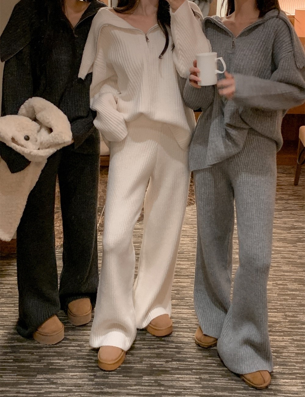 Lapel knitted sweater Casual wide leg pants 2pcs set
