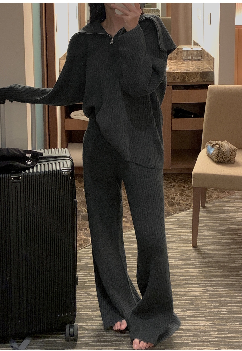 Lapel knitted sweater Casual wide leg pants 2pcs set