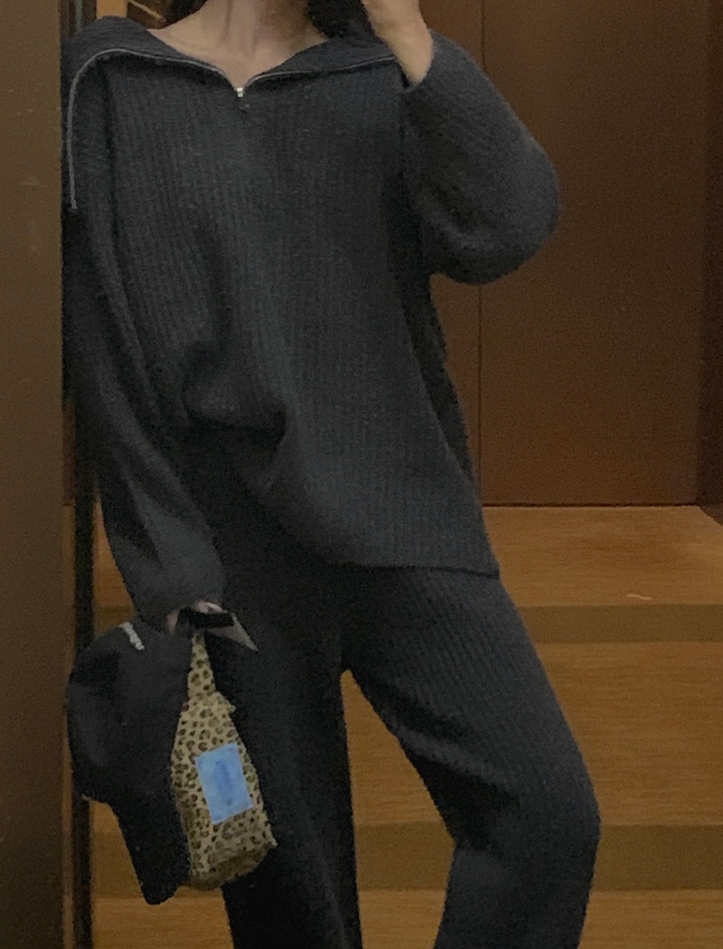 Lapel knitted sweater Casual wide leg pants 2pcs set