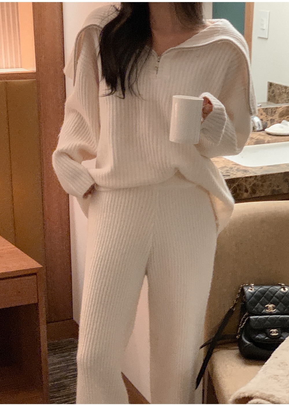 Lapel knitted sweater Casual wide leg pants 2pcs set