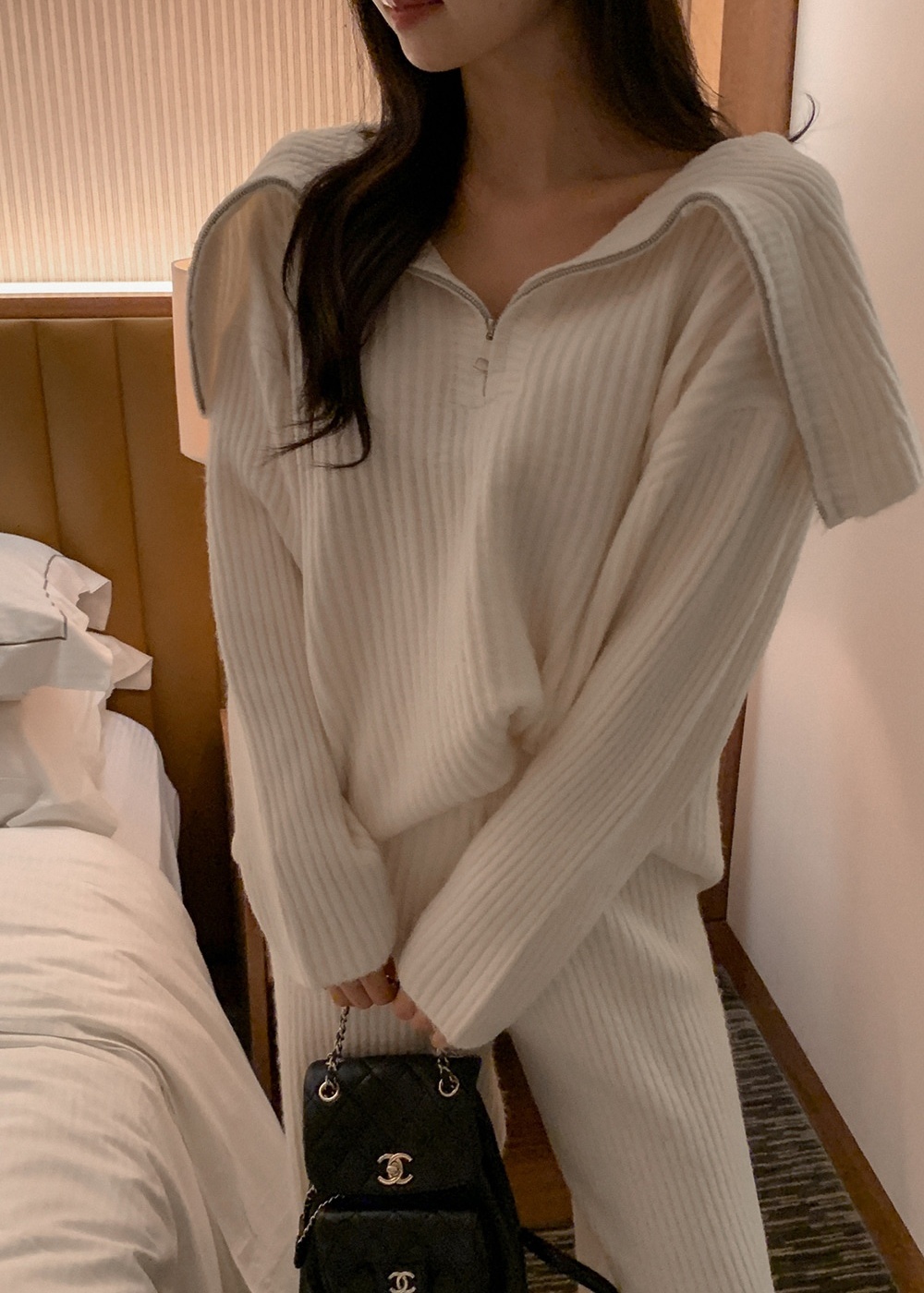 Lapel knitted sweater Casual wide leg pants 2pcs set