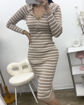 Mermaid long package hip autumn hooded stripe dress for women