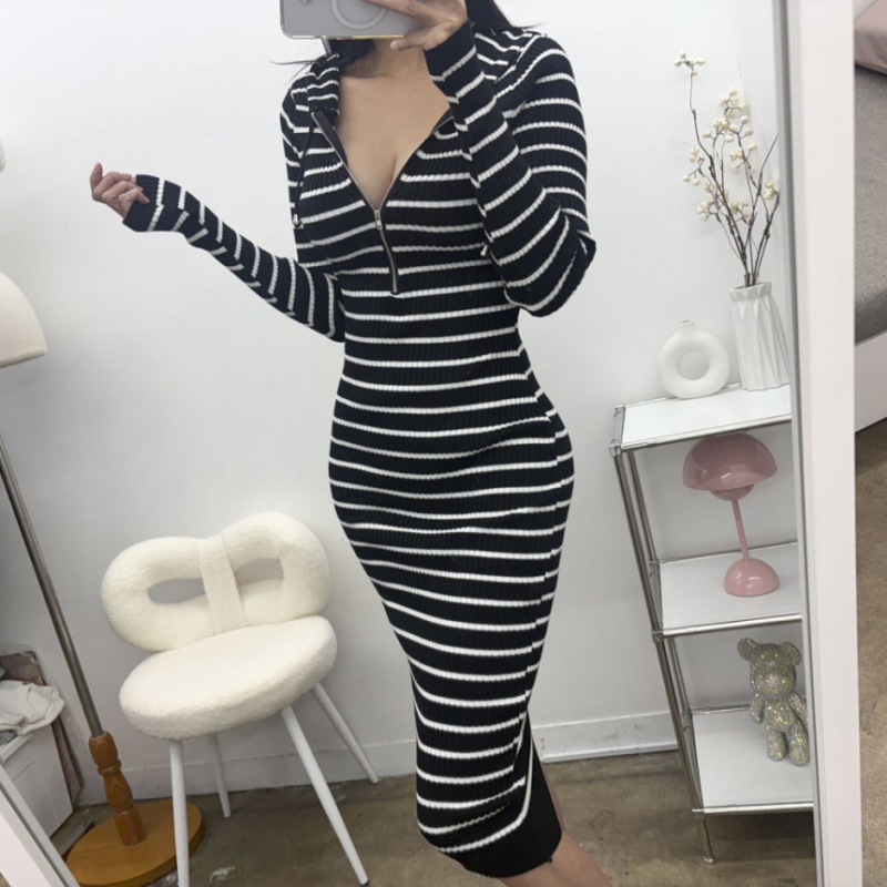 Mermaid long package hip autumn hooded stripe dress for women