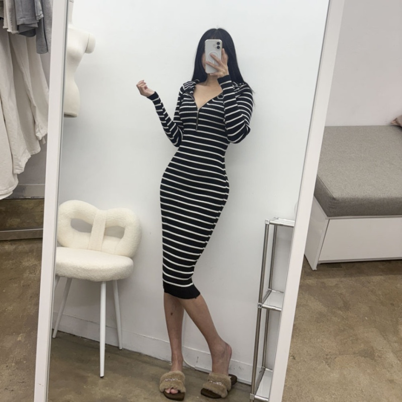 Mermaid long package hip autumn hooded stripe dress for women