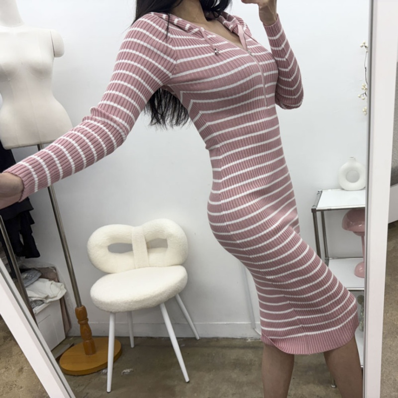 Mermaid long package hip autumn hooded stripe dress for women