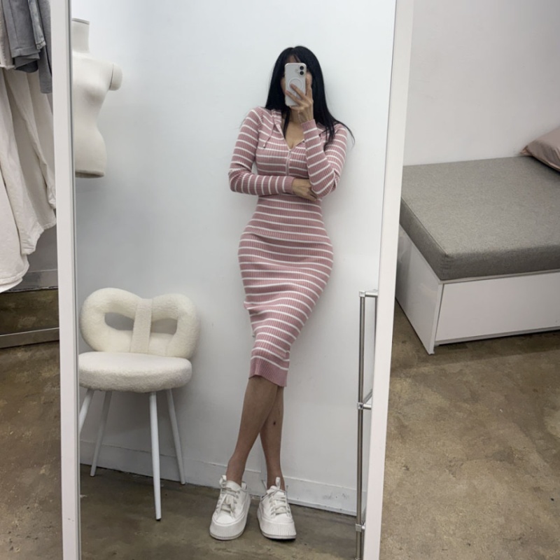 Mermaid long package hip autumn hooded stripe dress for women