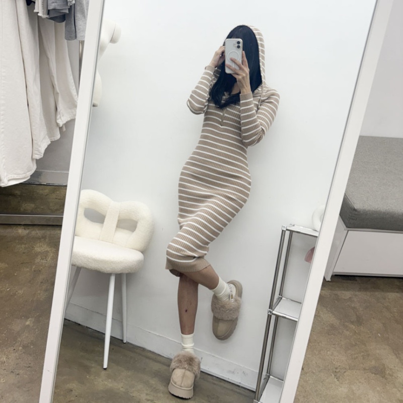 Mermaid long package hip autumn hooded stripe dress for women