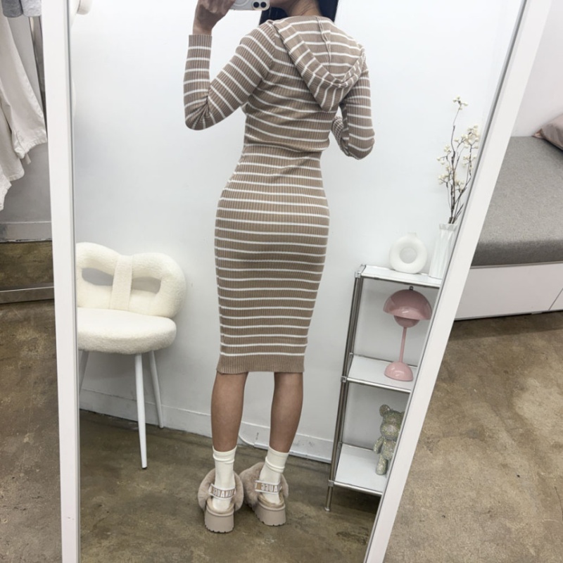 Mermaid long package hip autumn hooded stripe dress for women