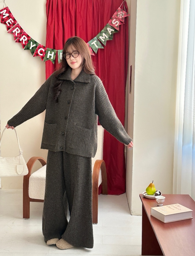 High waist autumn cardigan Casual long pants a set