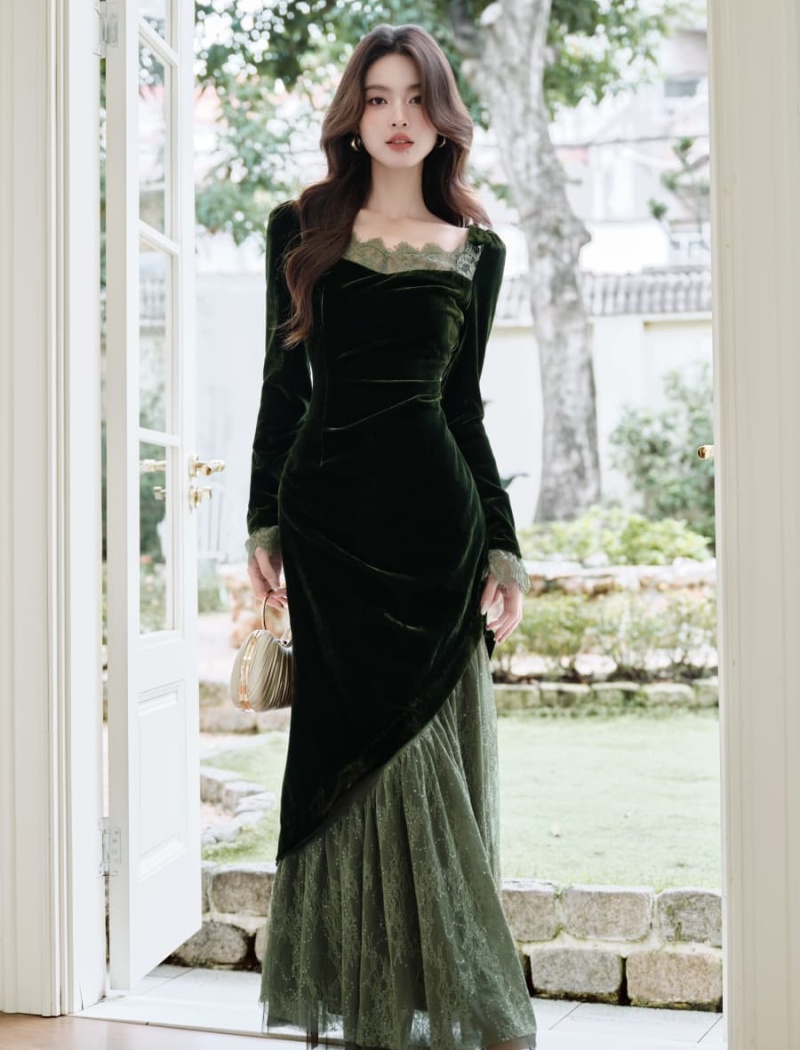 Square collar dress bottoming long dress