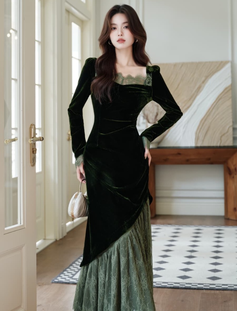 Square collar dress bottoming long dress