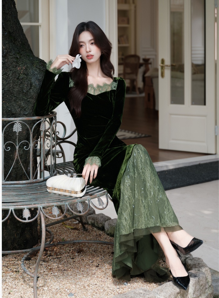 Square collar dress bottoming long dress