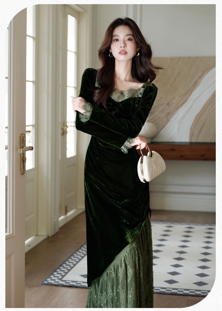 Square collar dress bottoming long dress