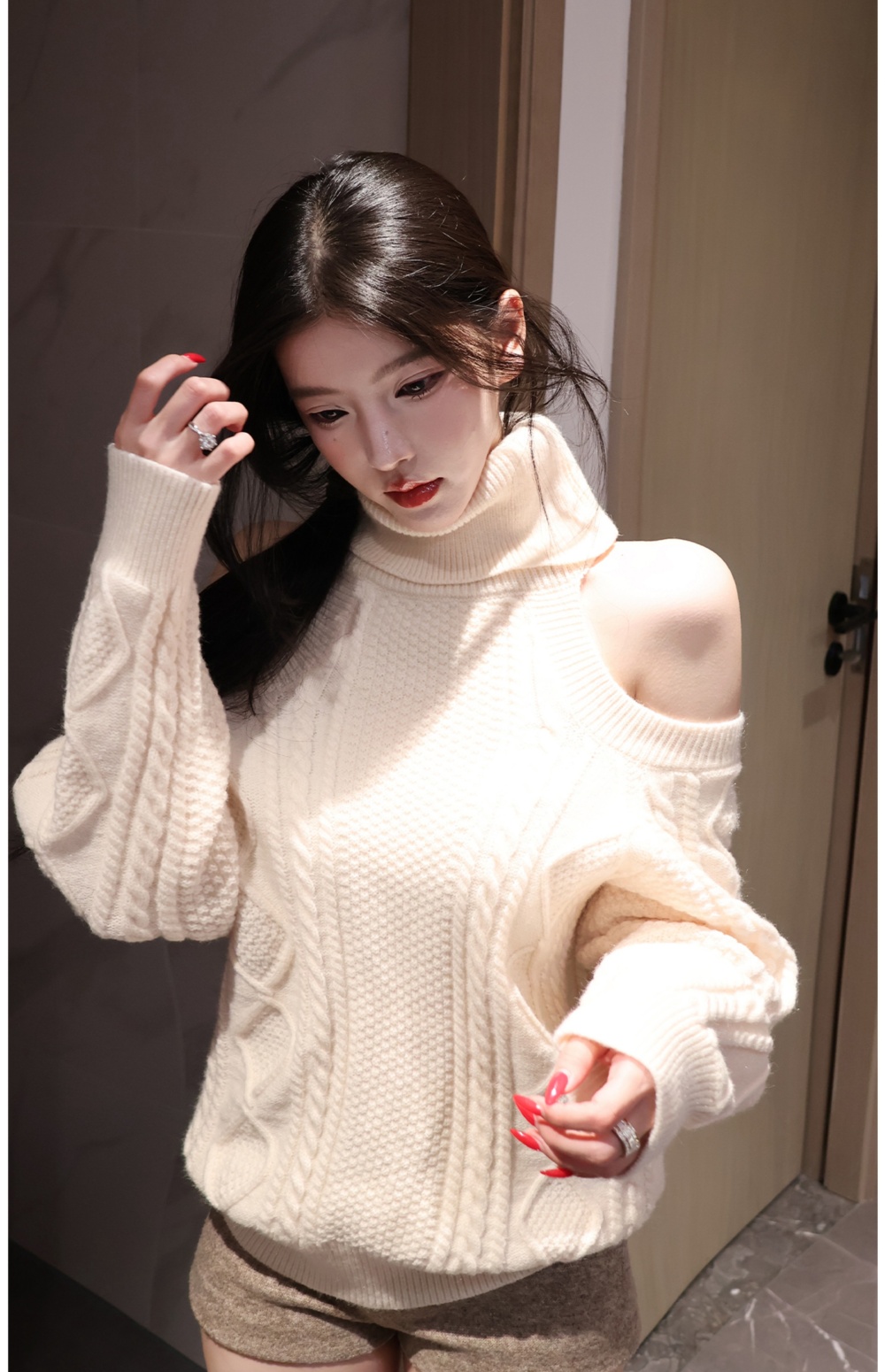 Knitted high collar sweater rose lazy tops for women