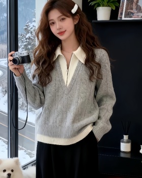 Lapel winter sweater half zip Pseudo-two tops for women