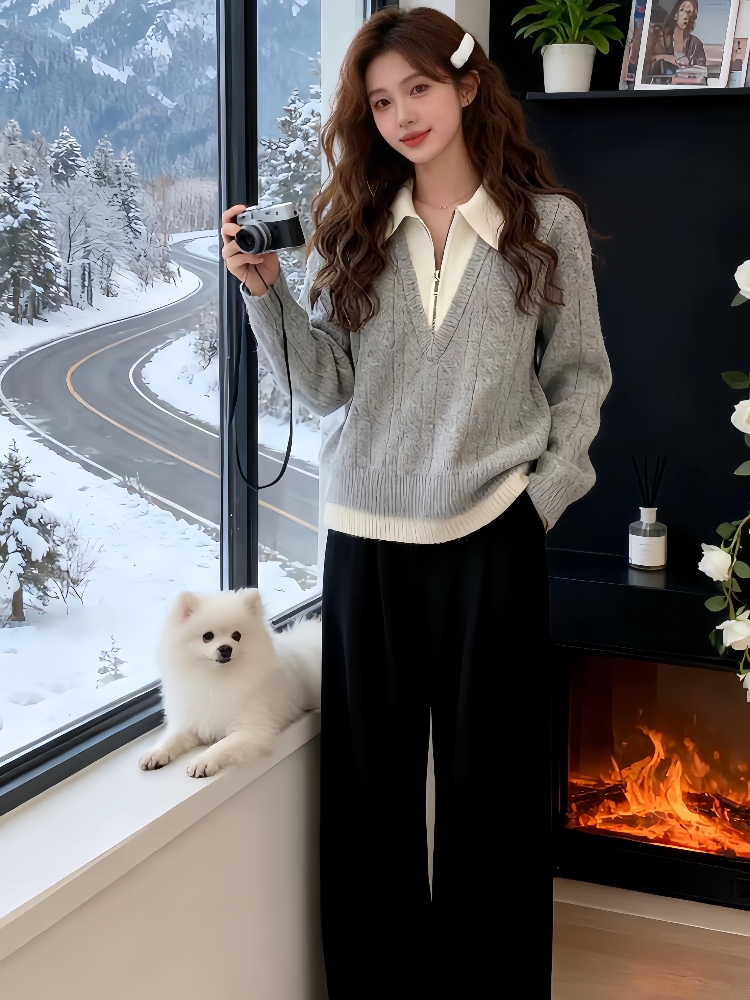 Lapel winter sweater half zip Pseudo-two tops for women