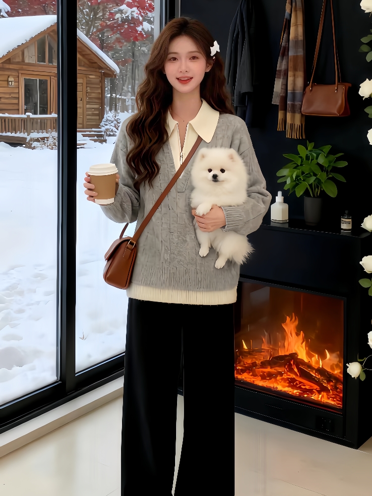 Lapel winter sweater half zip Pseudo-two tops for women