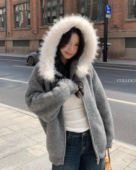 Gray hooded cardigan lazy long sleeve sweater for women