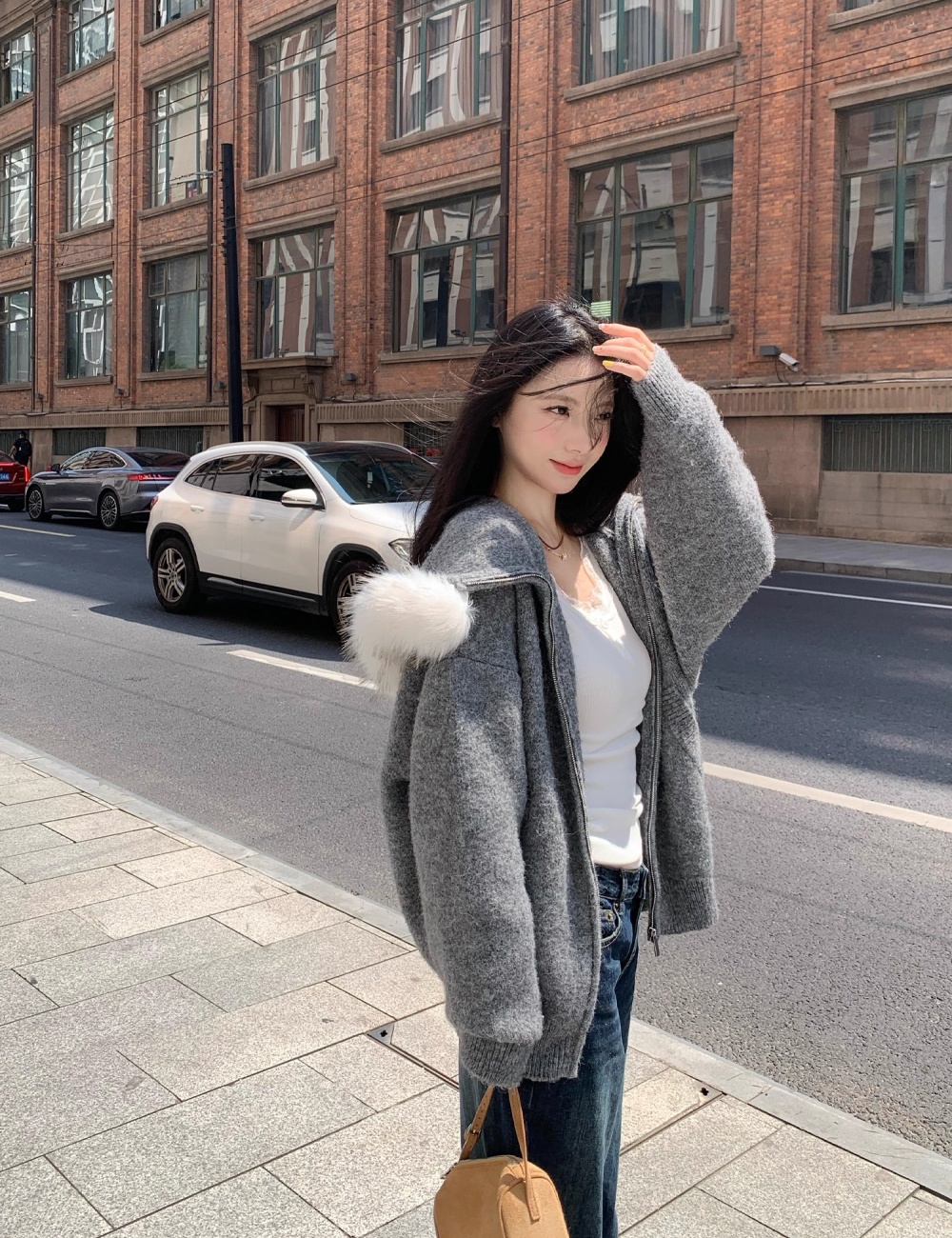 Gray hooded cardigan lazy long sleeve sweater for women