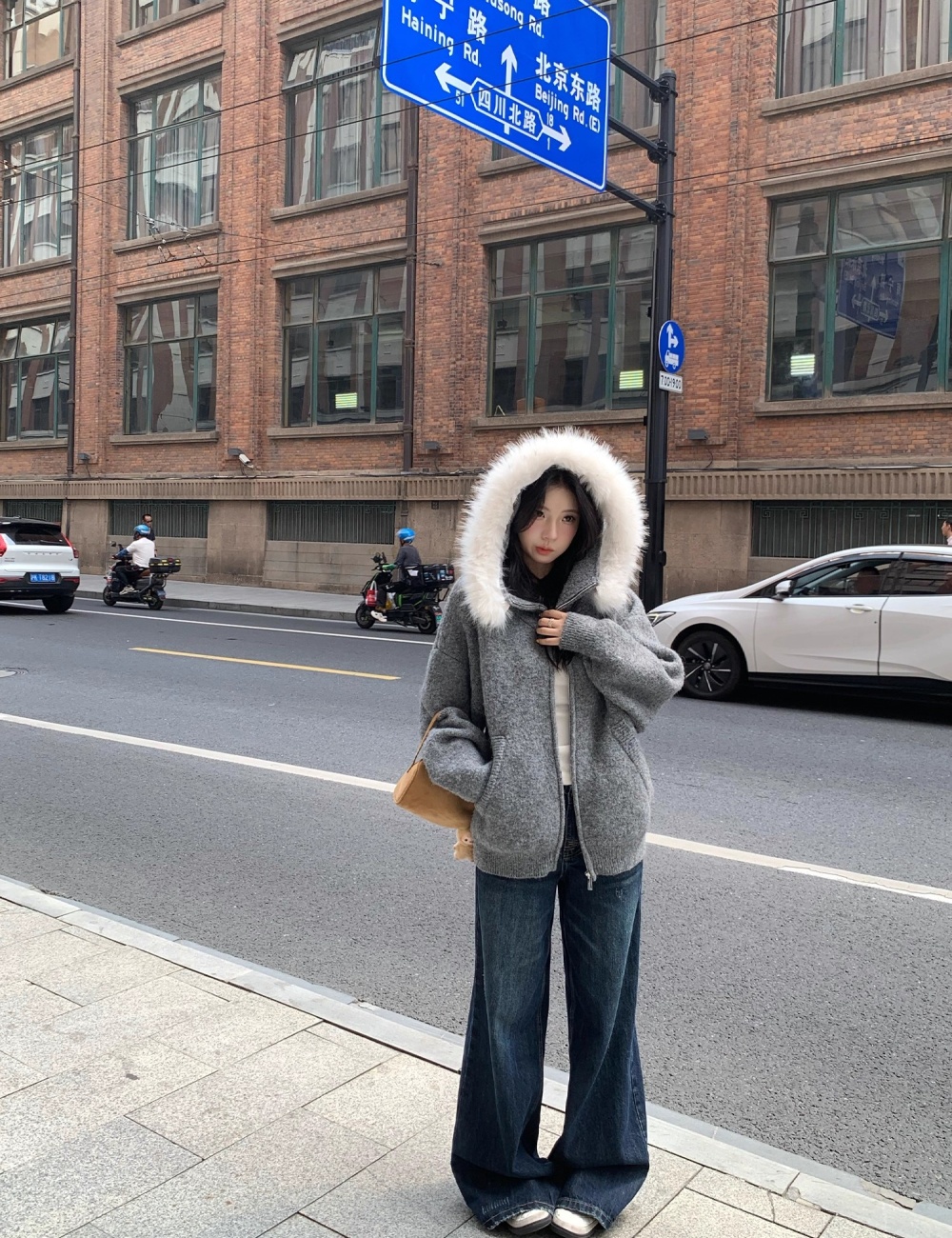 Gray hooded cardigan lazy long sleeve sweater for women