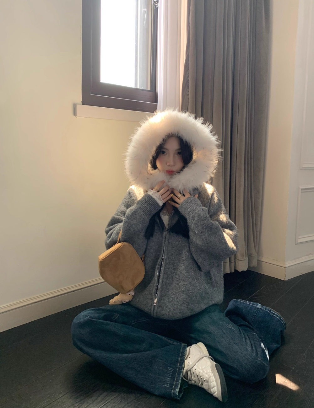 Gray hooded cardigan lazy long sleeve sweater for women