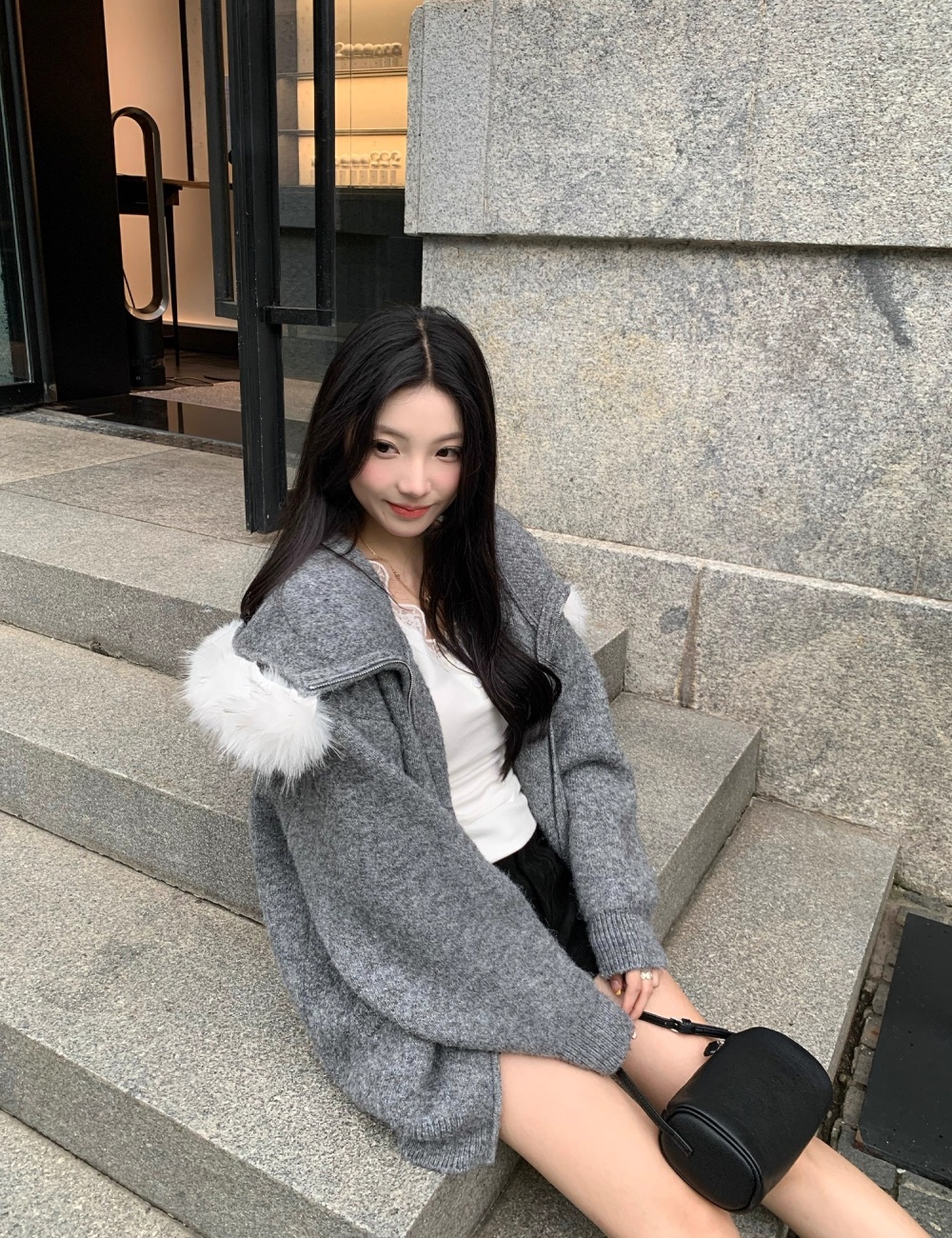 Gray hooded cardigan lazy long sleeve sweater for women