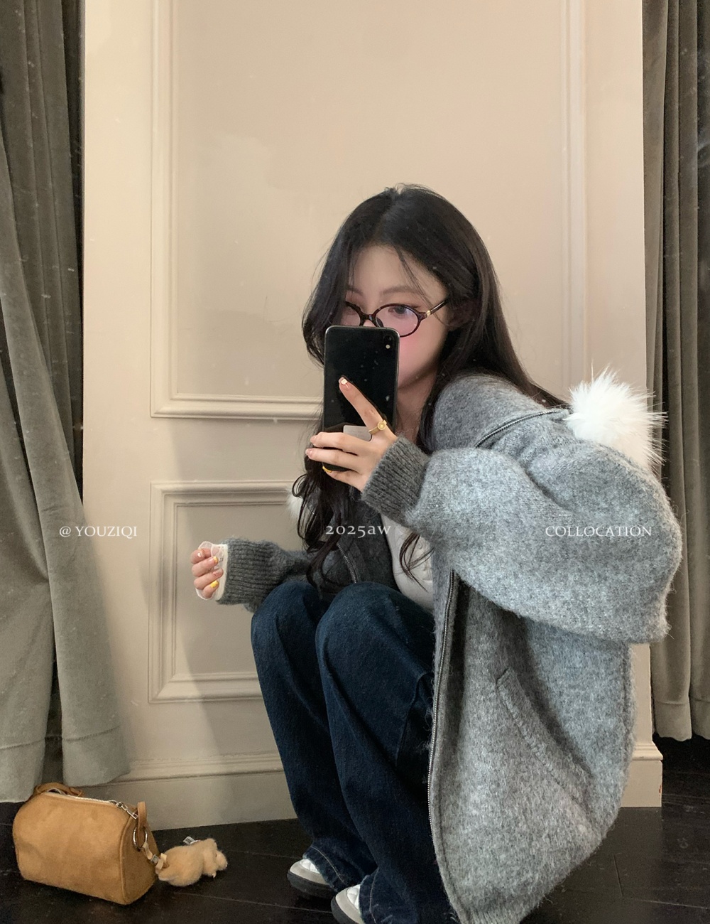 Gray hooded cardigan lazy long sleeve sweater for women