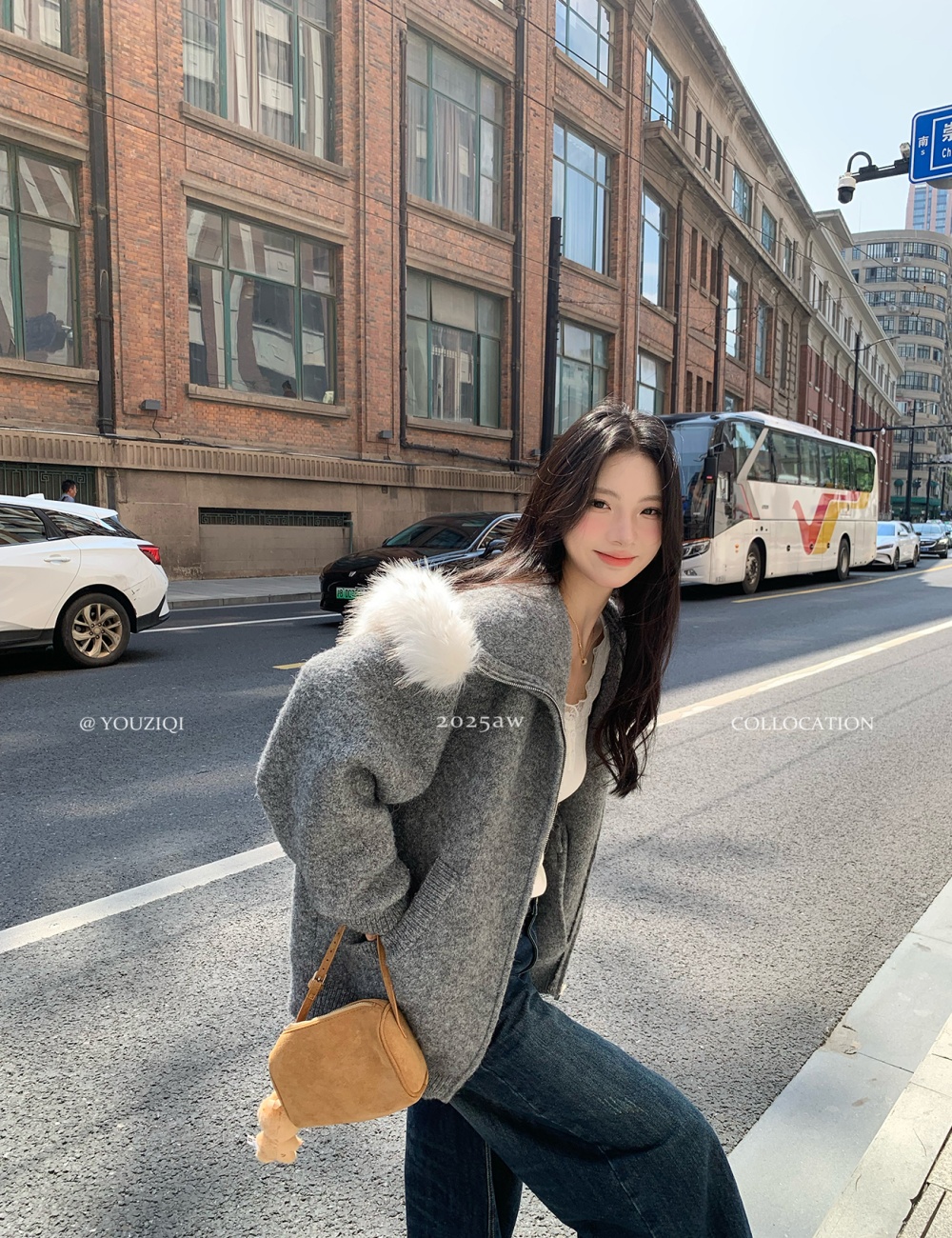 Gray hooded cardigan lazy long sleeve sweater for women