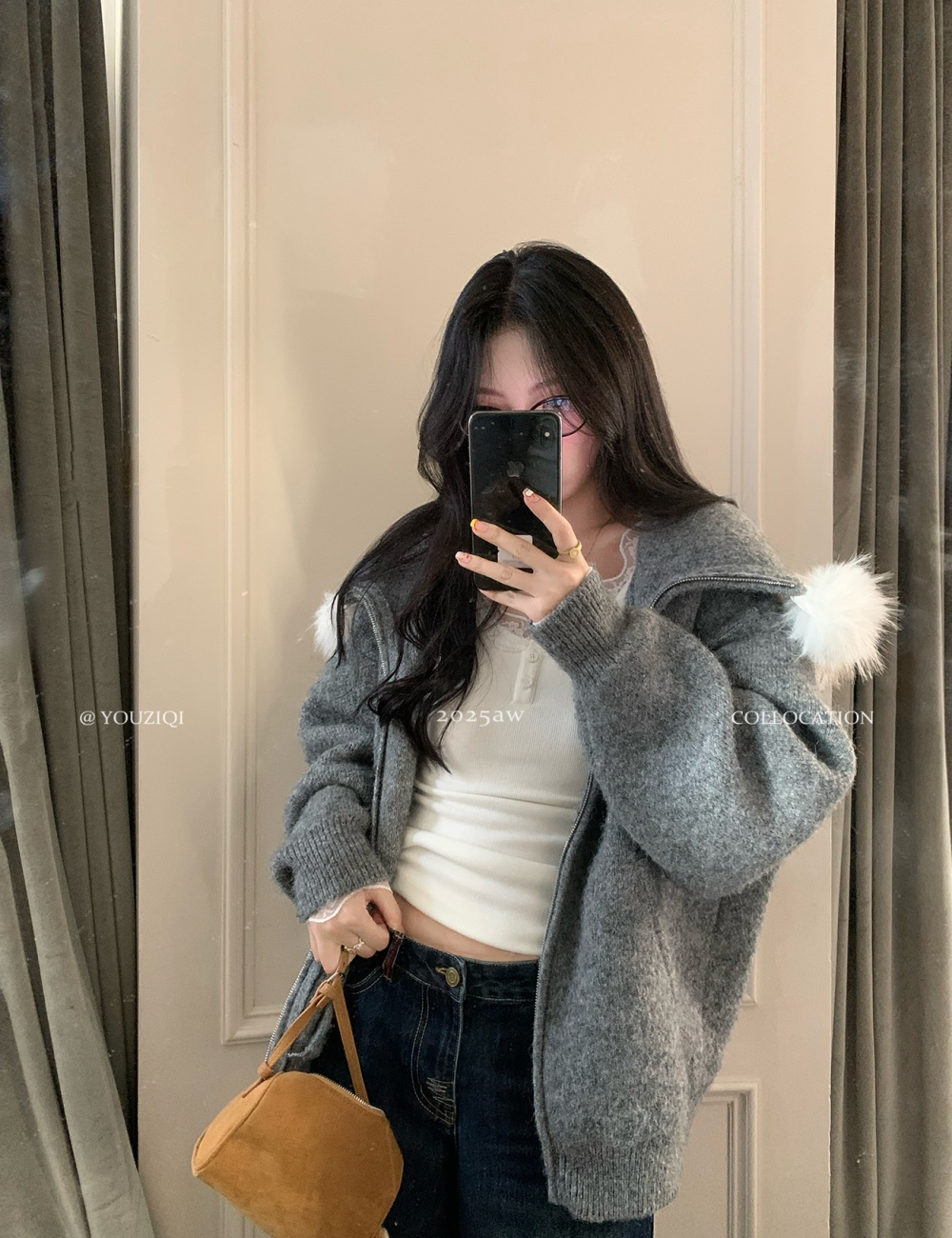 Gray hooded cardigan lazy long sleeve sweater for women