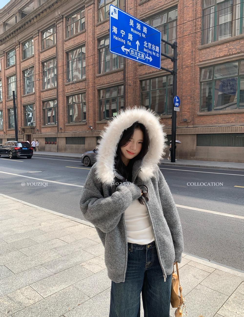 Gray hooded cardigan lazy long sleeve sweater for women