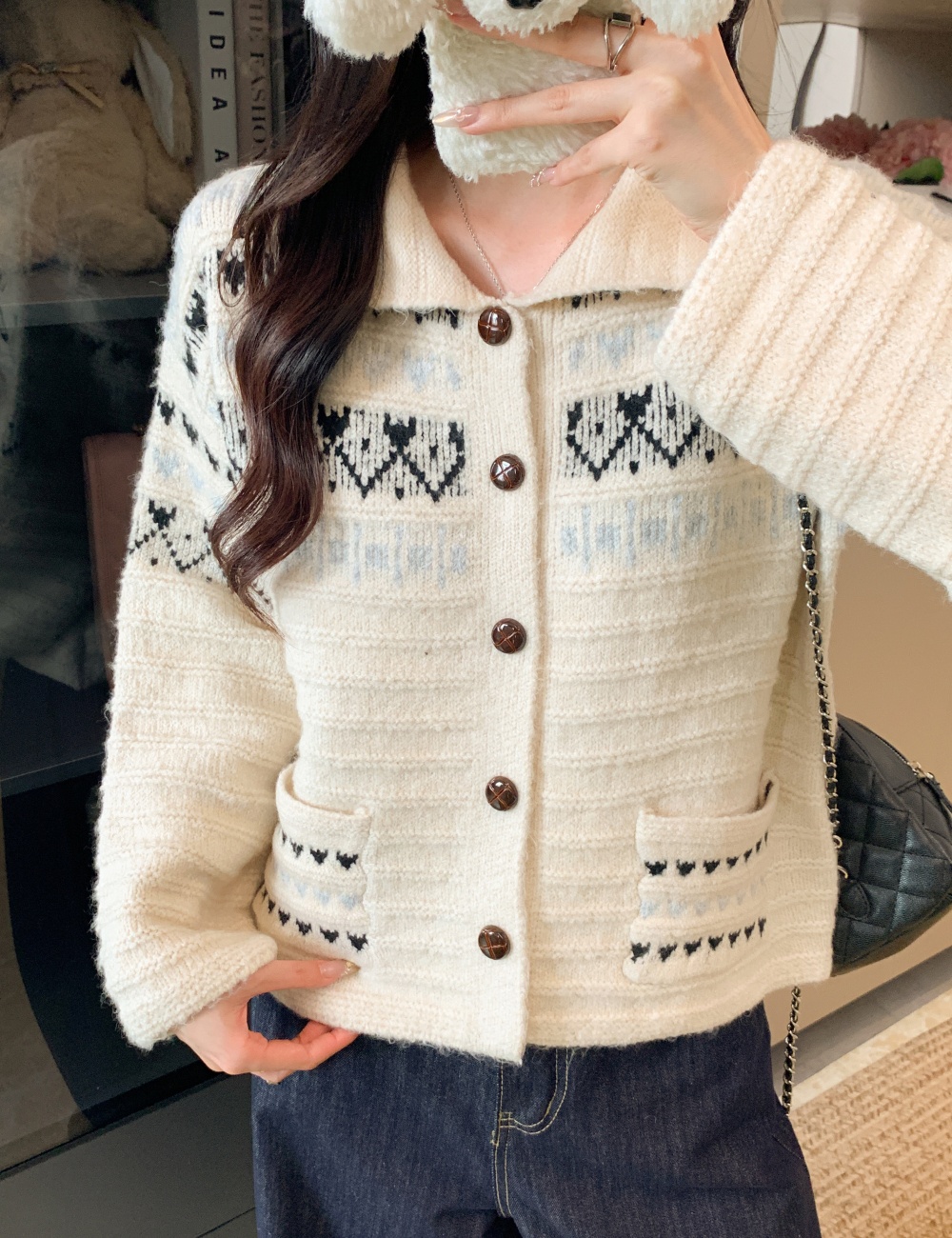 Pocket decoration sweater cardigan for women