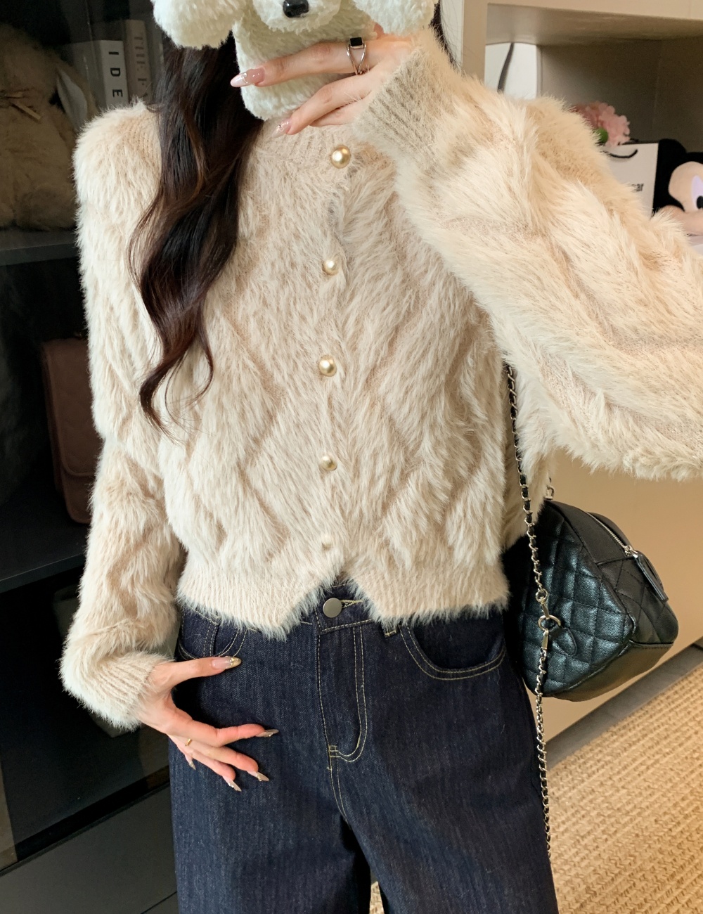 Knitted coat imitation of mink hair cardigan for women