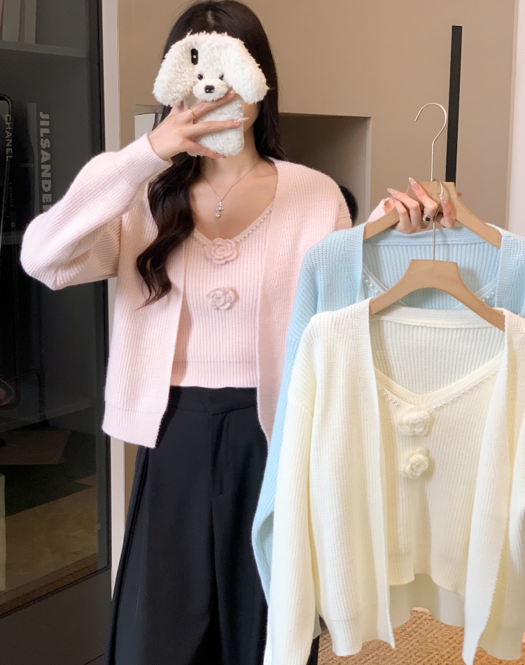 Stereoscopic cardigan flowers sweater a set for women