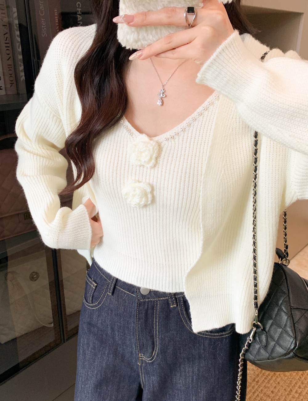 Stereoscopic cardigan flowers sweater a set for women