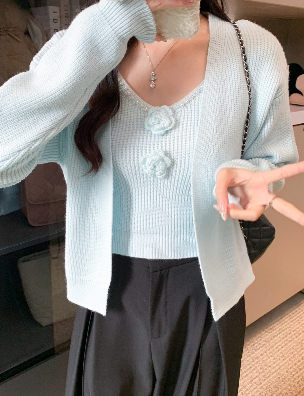 Stereoscopic cardigan flowers sweater a set for women