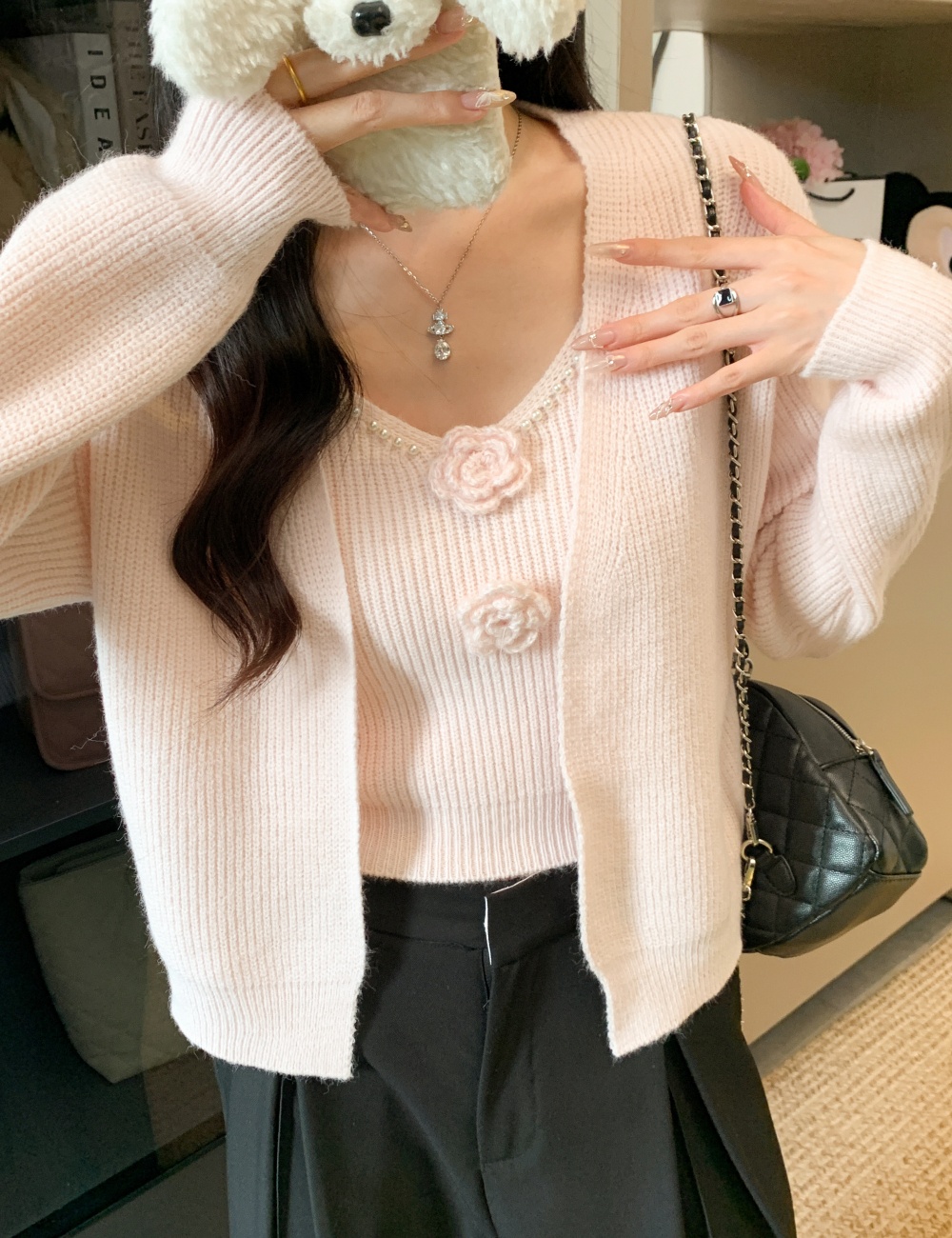 Stereoscopic cardigan flowers sweater a set for women