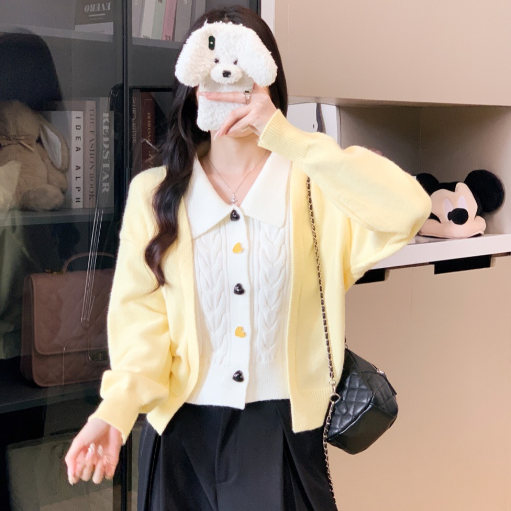 Loose knitted tender tops splice mixed colors Pseudo-two sweater