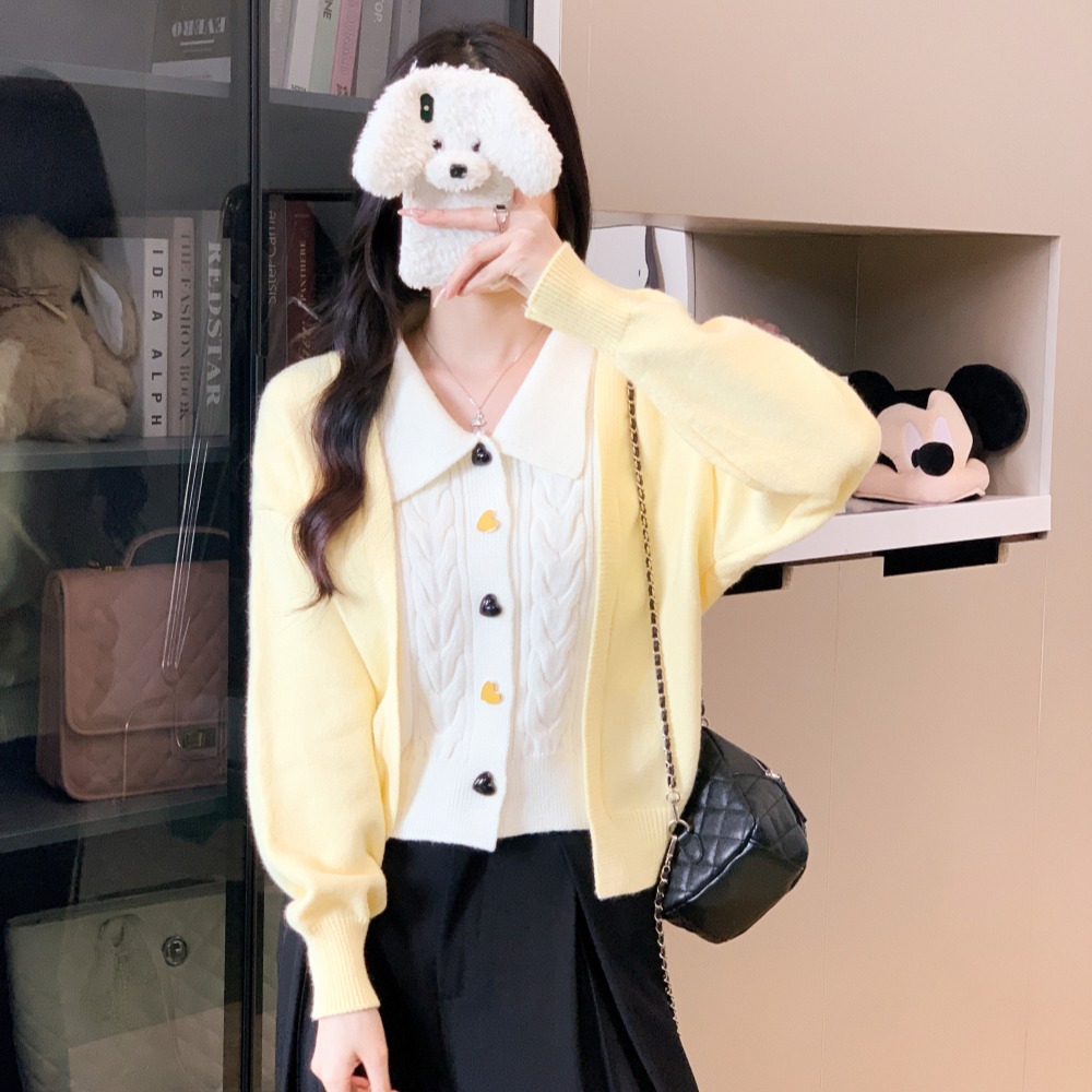 Loose knitted tender tops splice mixed colors Pseudo-two sweater