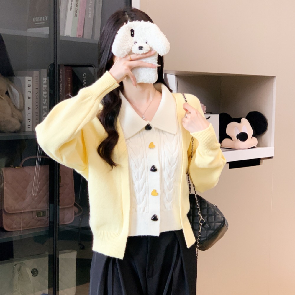 Loose knitted tender tops splice mixed colors Pseudo-two sweater