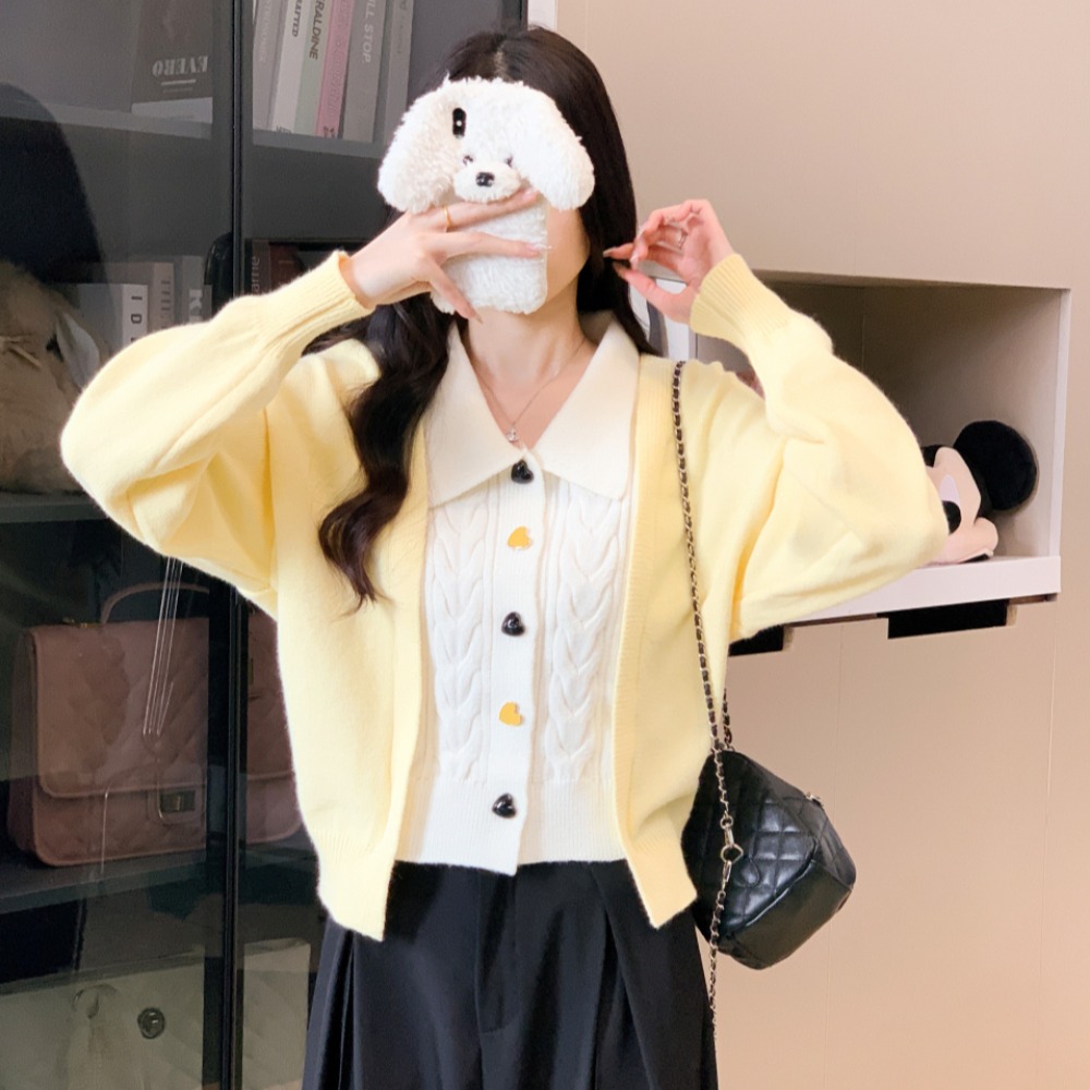 Loose knitted tender tops splice mixed colors Pseudo-two sweater