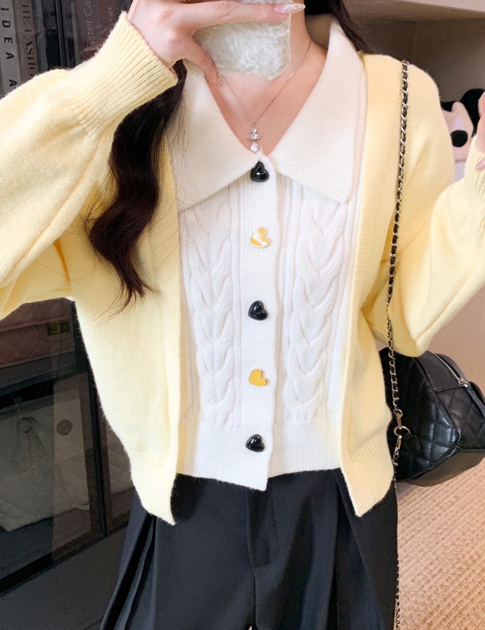 Loose knitted tender tops splice mixed colors Pseudo-two sweater