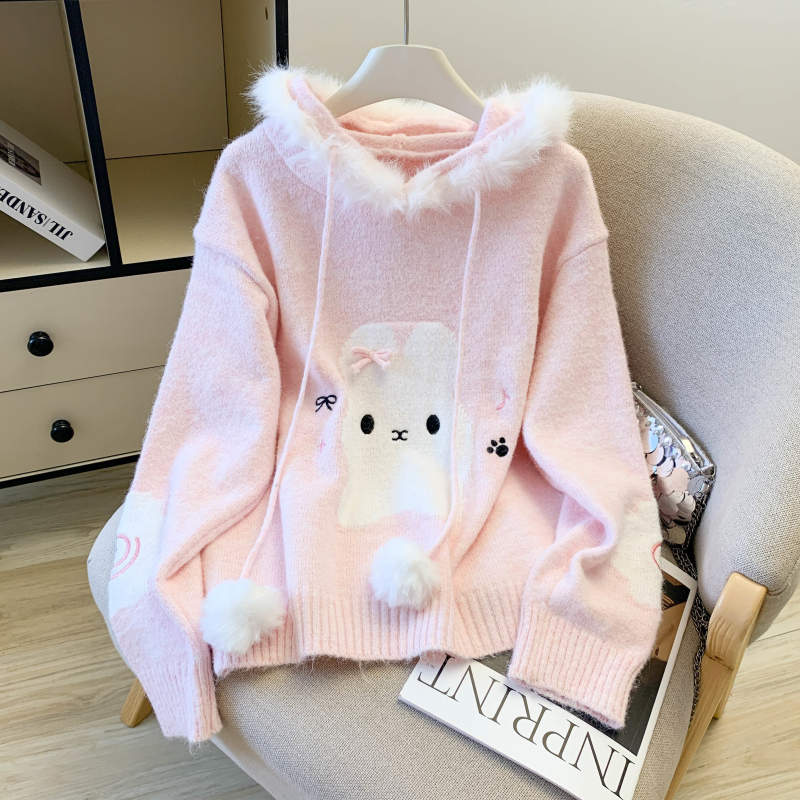 Loose fur collar coat Japanese style sweater for women