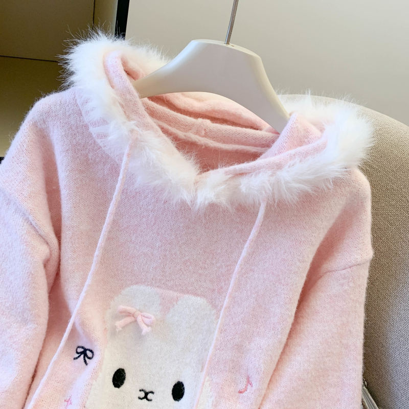 Loose fur collar coat Japanese style sweater for women