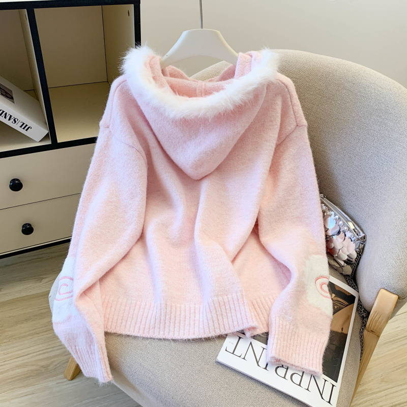 Loose fur collar coat Japanese style sweater for women