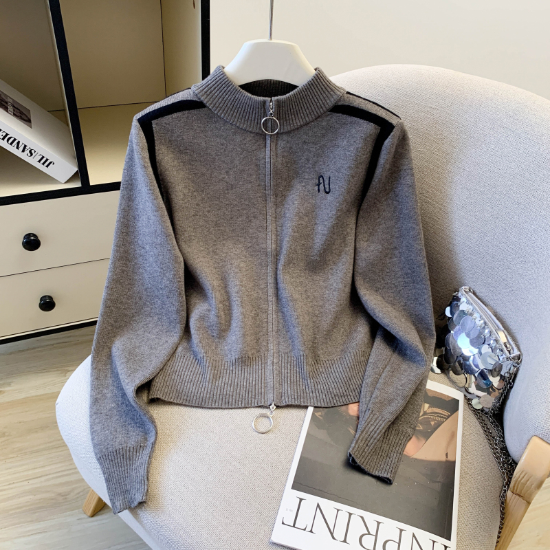 Embroidery zip cardigan thick bottoming shirt for women