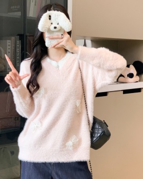 V-neck autumn and winter sweater bow tops for women
