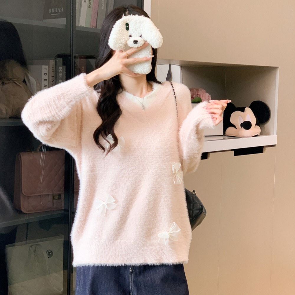 V-neck autumn and winter sweater bow tops for women